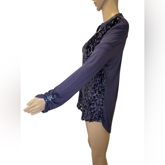Anthropologie Tiny Vaha Blue Burnout Velvet Leopard Top Sequin  size S - Picture 5 of 6